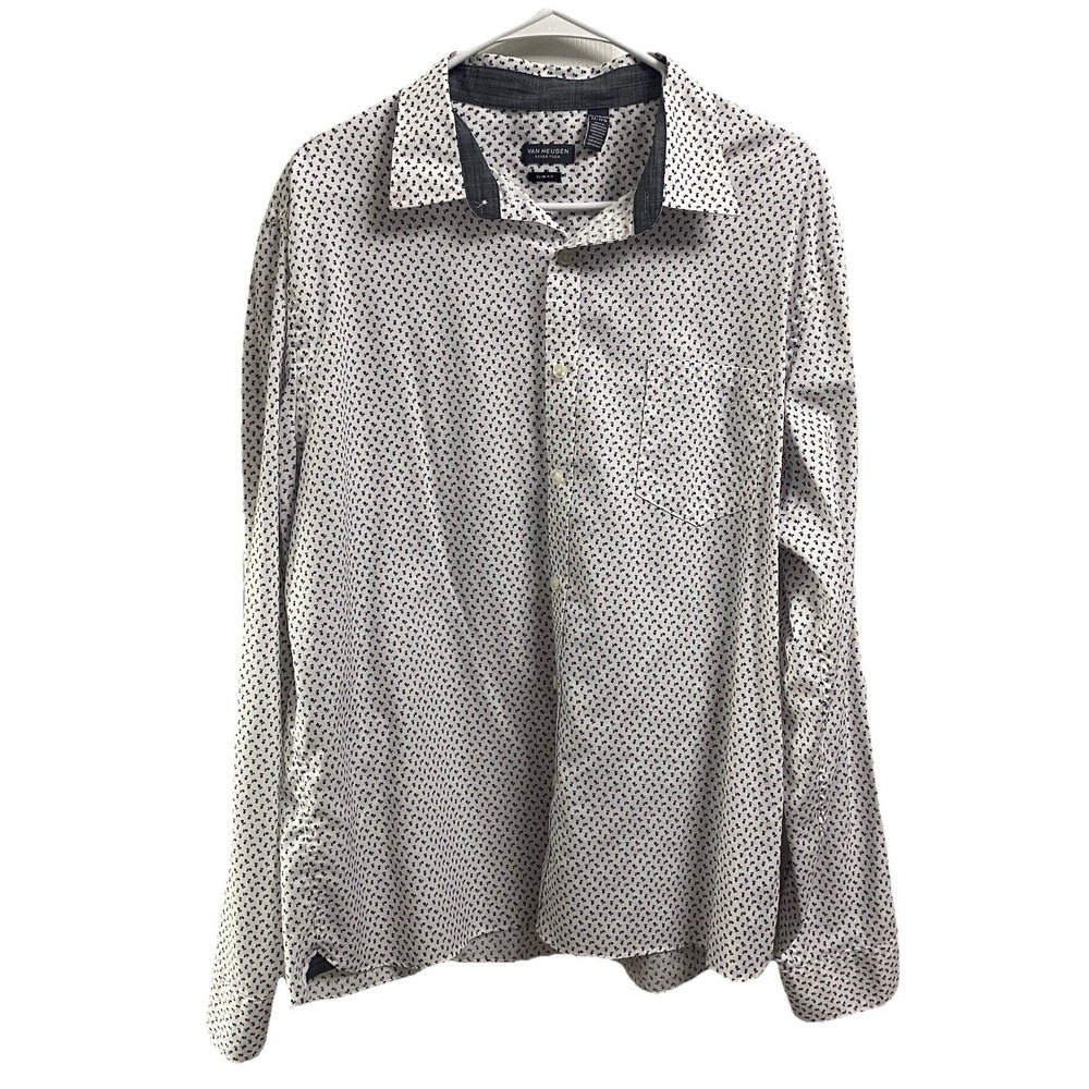 Van Heusen Mens Slim Fit‎ White W/tiny Roses Button-up Dress Shirt XL 17-17.5"